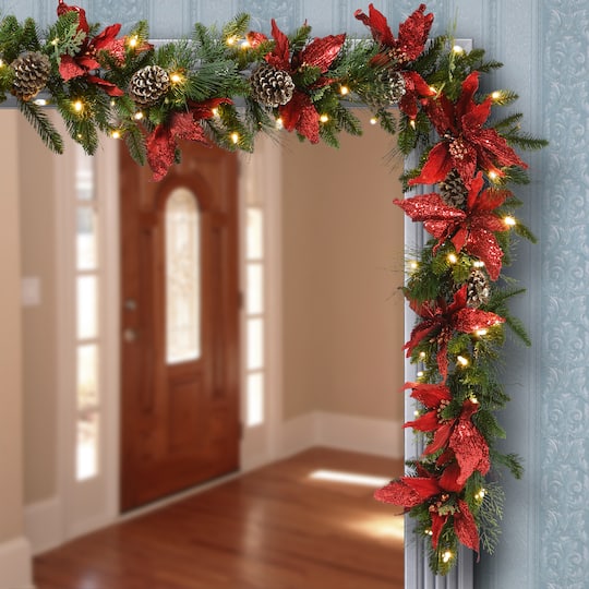9ft. PreLit Poinsettia & Pinecone Garland Michaels Michaels Christmas Garland